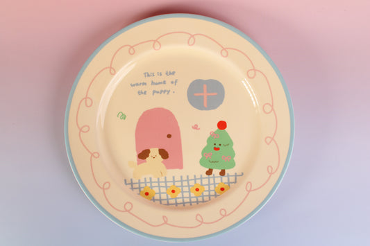 Kawaii Puppy Home Ceramic Dish – Warm Puppy & Christmas Tree Plate, Hand-Painted-Lovely Plates for home ritual meals – Dessert Plate -High Value Breakfast Plate