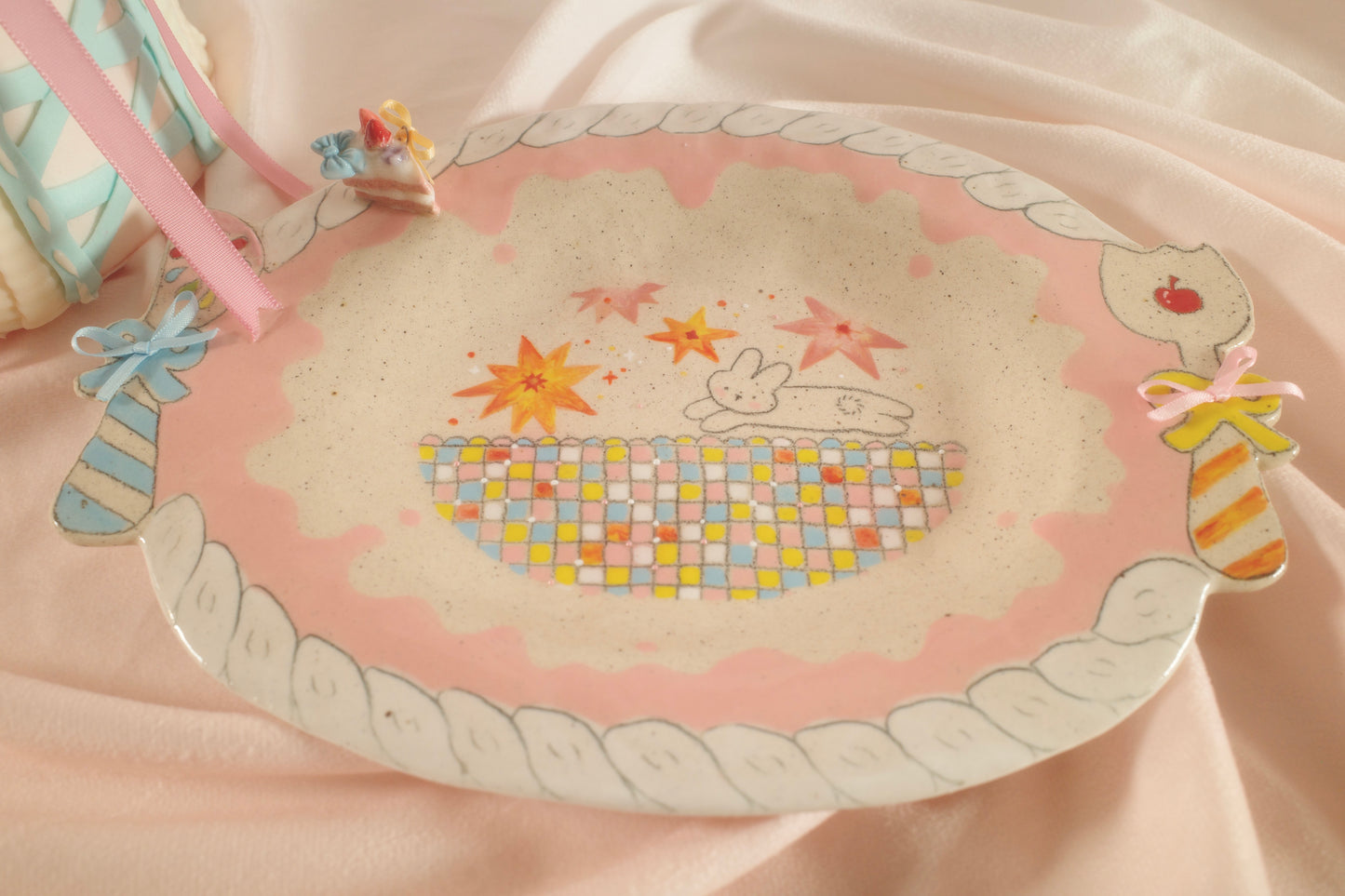 Dreamy Pastel Bunny Stars Plate-Oval Ceramic with Colorful Checkered Basket, Coquette Handcrafted Tray