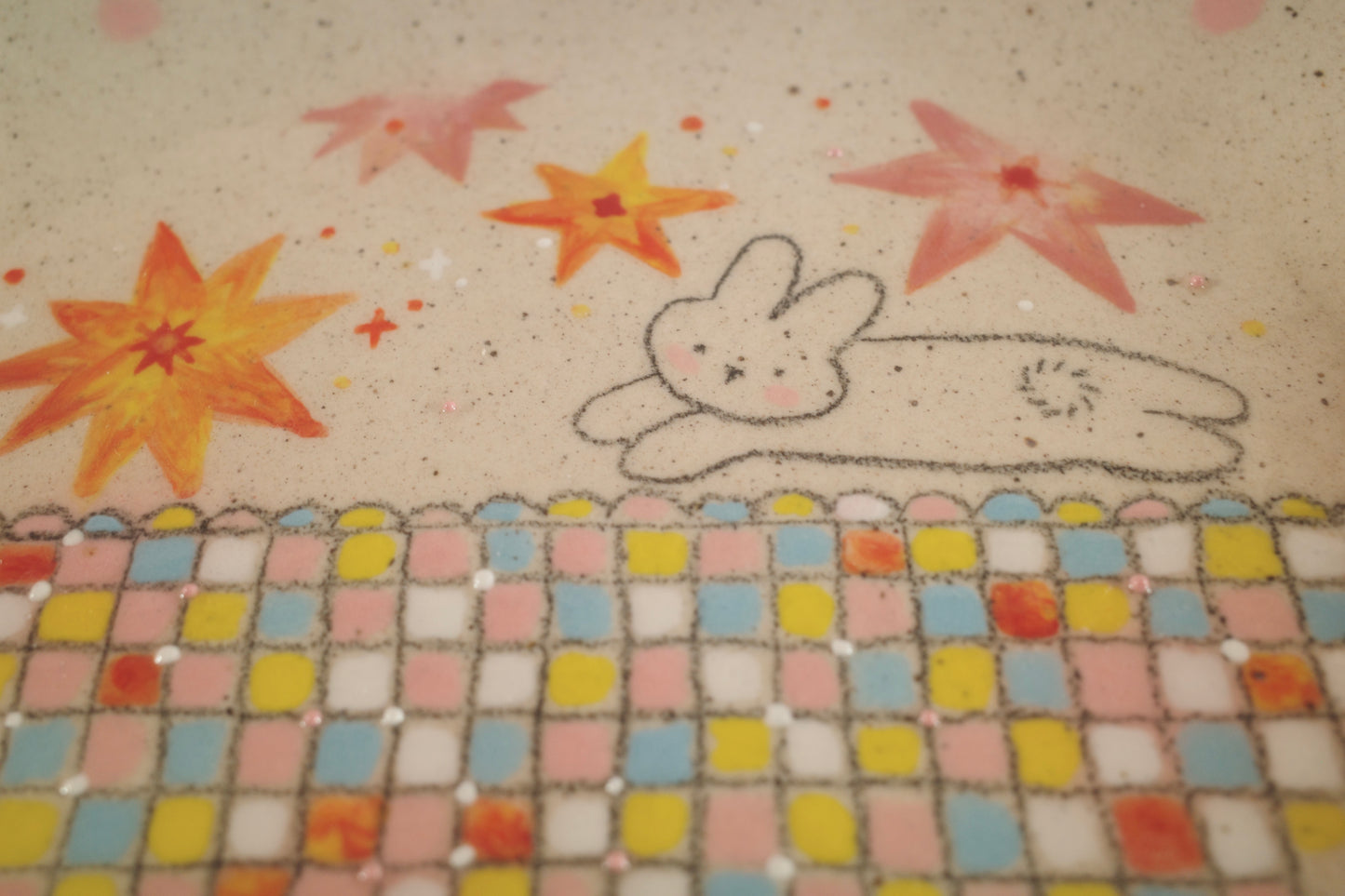 Dreamy Pastel Bunny Stars Plate-Oval Ceramic with Colorful Checkered Basket, Coquette Handcrafted Tray