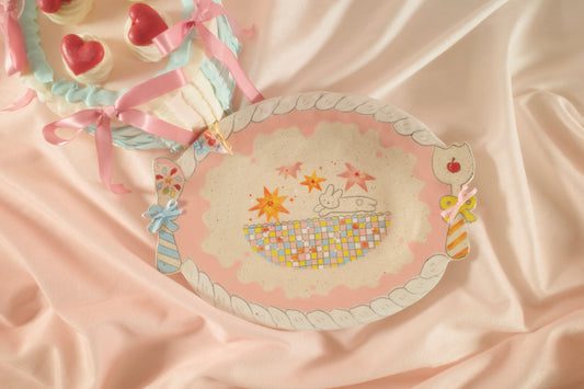 Valentine's Day Gift - Dreamy Pastel Bunny Stars Plate-Oval Ceramic with Colorful Checkered Basket, Coquette Handcrafted Tray