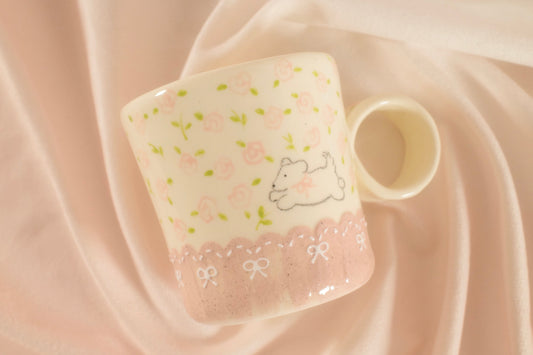 Valentine's Day Gift － Coquette Pink Floral Mug - Hand Painted Roses & Bow Detail, Unique Ceramic Teacup