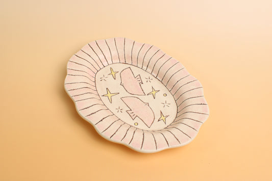 Hand-Painted Black Line Birds Ceramic Dish – Whimsical Pink Scalloped Trinket Plate with Stars