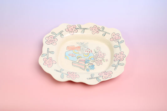 Valentine‘s Day Gift- Hand-Painted Vine & Star Ceramic Dish – Pastel Bow & Twinkling Keepsake Tray