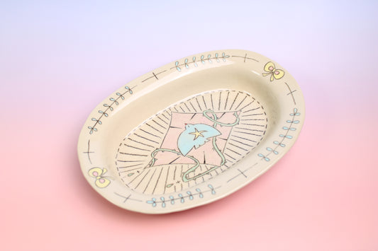 Valentine‘s Day Gift- Hand-Painted Ceramic Jewelry Tray – Coquette Bow & Floral Dress Keepsake Dish