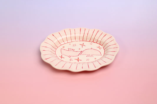 Valentine‘s Day Gift- Whimsical Red Line Art Ceramic Trinket Dish – Flying Birds & Starry Moon Glow